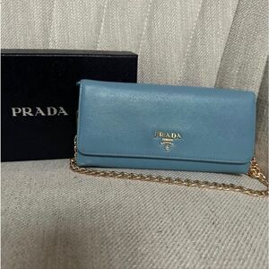 Prada Light Blue Logo Saffiano Leather Wallet on Chain